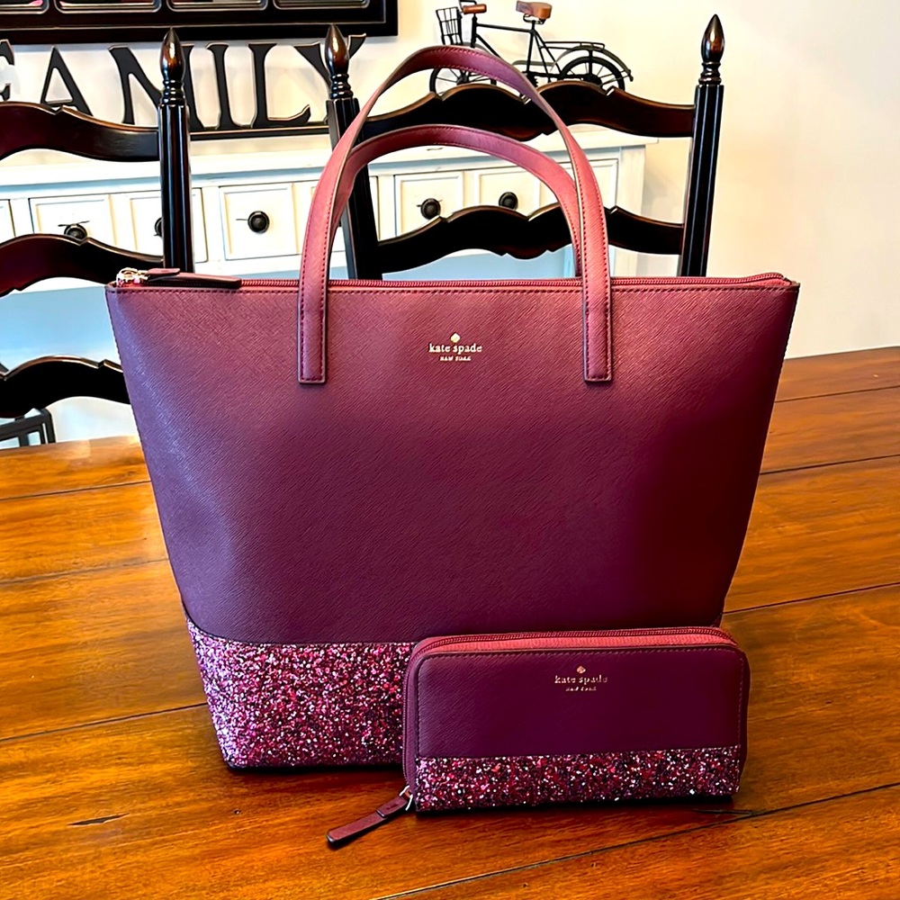 Kate Spade Greta Court Glitter Penny Tote & Matching Wallet in Cherrywood